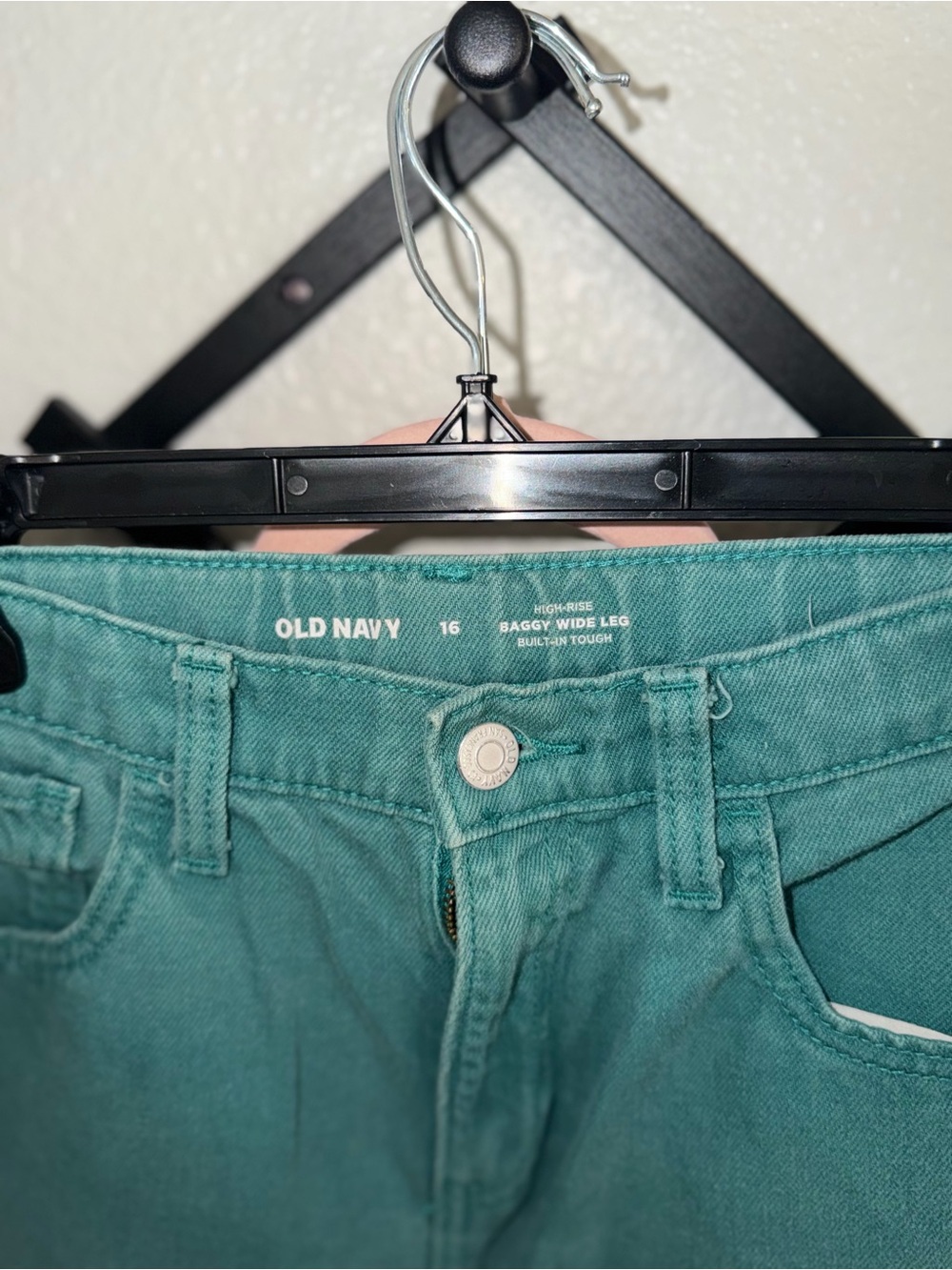 Old Navy Girls Size 16 High Rise Baggy Wide Leg Jeans Green Teal Denim - Picture 3 of 4